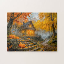 Cabaña del bosque de Halloween con calabazas, cami