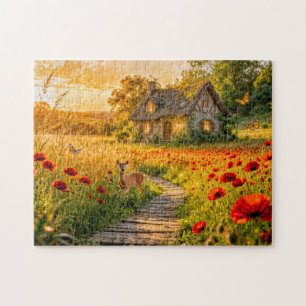 Puzzle Cabaña del Campo de Amapolas con Camino de Madera