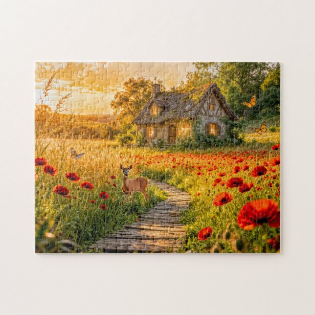Puzzle Cabaña del Campo de Amapolas con Camino de Madera (Horizontal)