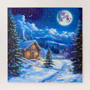 Puzzle Cabaña en Noche de Luna de Navidad Invernal con Ni