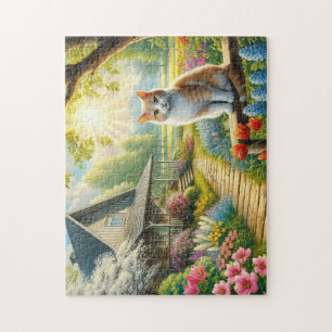 Puzzle Cabaña/jardín de primavera y gato