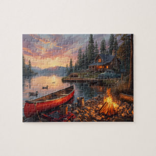 Puzzle Cabaña junto al lago al atardecer, canoa y fogata