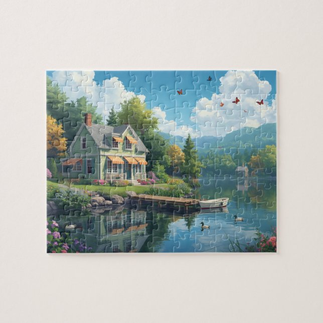 Puzzle Cabaña junto al lago Casa de campo Patos Verano (Horizontal)