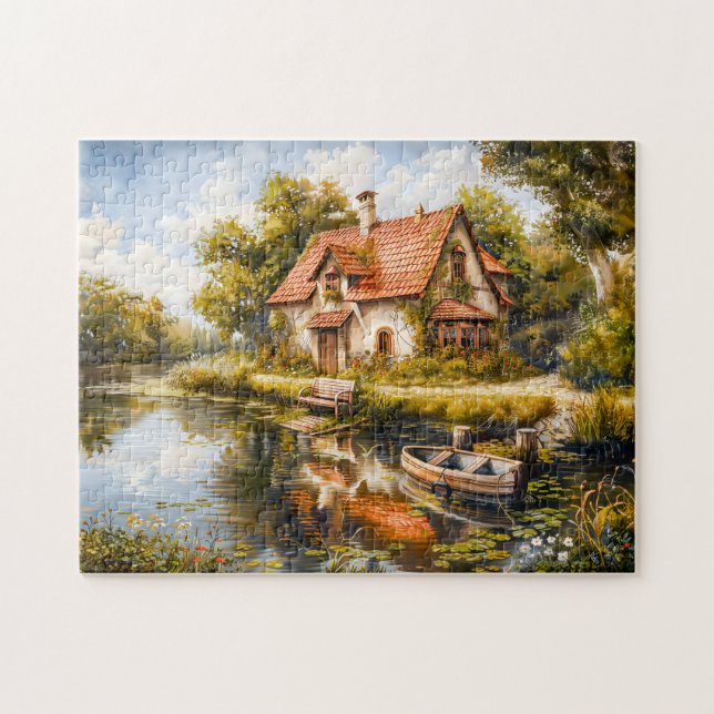 Puzzle Cabaña junto al lago con barca de remos (Horizontal)
