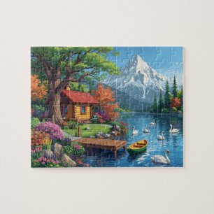 Puzzle Cabaña junto al lago de montaña Muelle Cisnes Vist