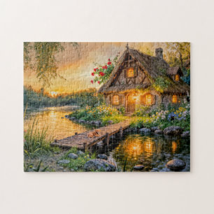 Puzzle Cabaña junto al río al atardecer con perro en el p