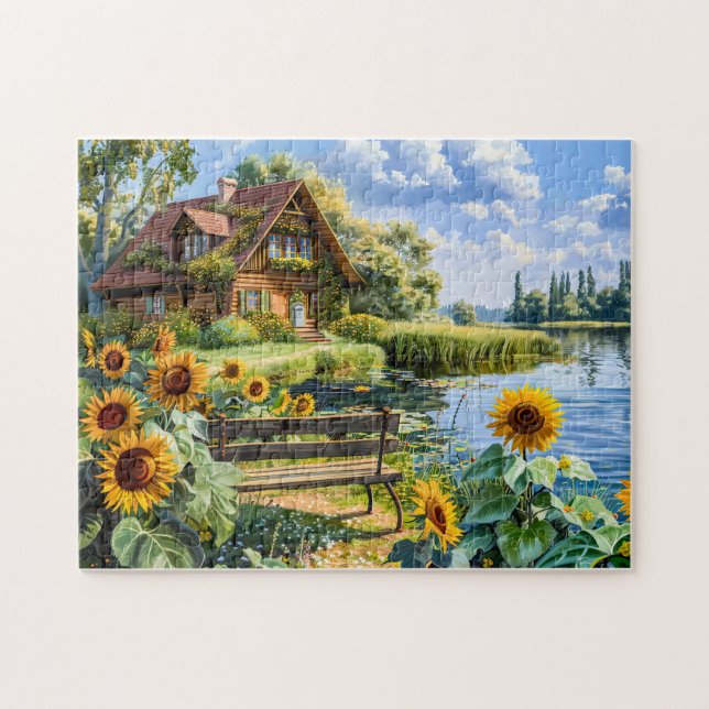Puzzle Cabaña Lakeside con Campo de Girasol (Horizontal)