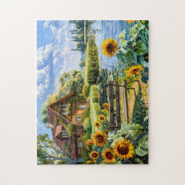 Puzzle Cabaña Lakeside con Campo de Girasol