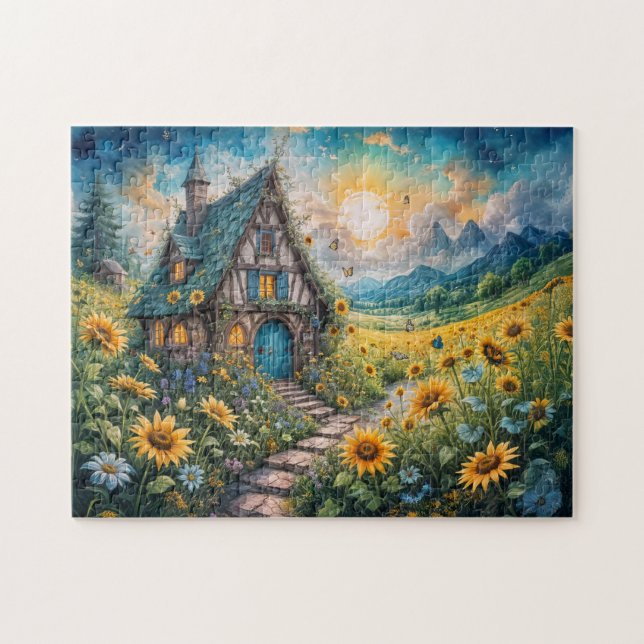 Puzzle Cabaña mágica con campo de girasol (Horizontal)