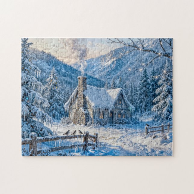 Puzzle Cabaña nevada con humo y pinos (Horizontal)