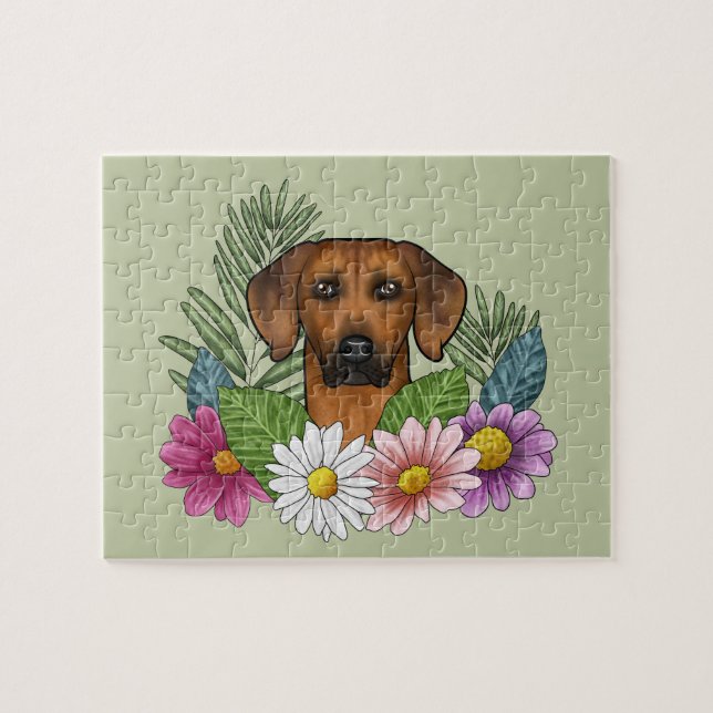 Puzzle Cabeza de perro Ridgeback de Rodesia Flores de ver (Horizontal)