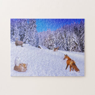 Puzzle Cabin de invierno con amigos de la vida silvestre