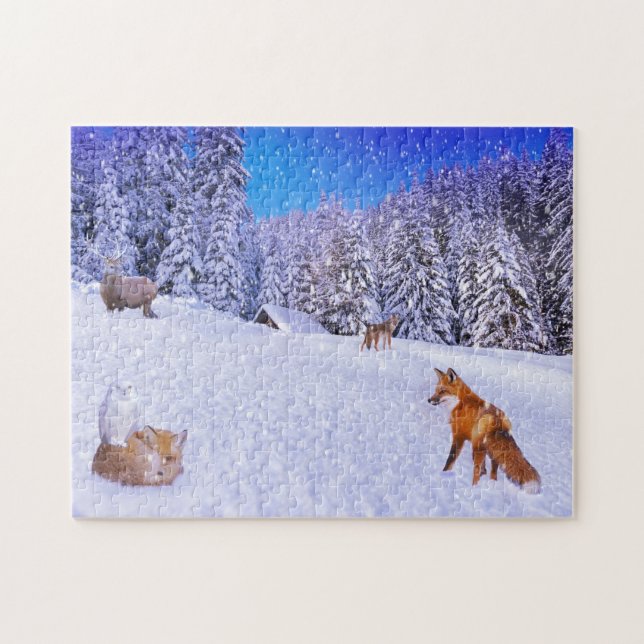 Puzzle Cabin de invierno con amigos de la vida silvestre (Horizontal)