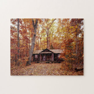 Puzzle Cabin in the Fall Colored Woods