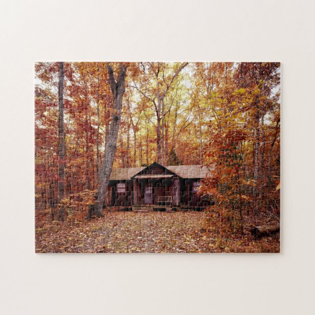 Puzzle Cabin in the Fall Colored Woods (Horizontal)