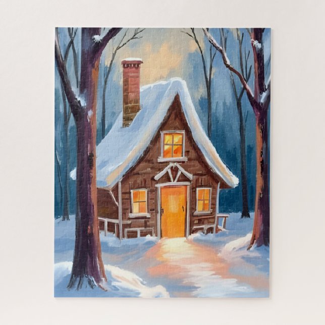 Puzzle Cabin in the Snowy Winter Woods Christmas (Vertical)