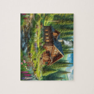 Puzzle Cabina de registro, flujo y flores en el bosque