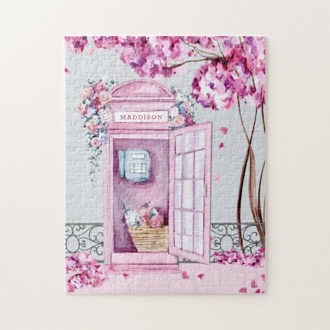 Puzzle Cabina de teléfono floral rosa personalizada (Vertical)