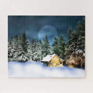 Puzzle Cabina Rustic Log con Luna Llena
