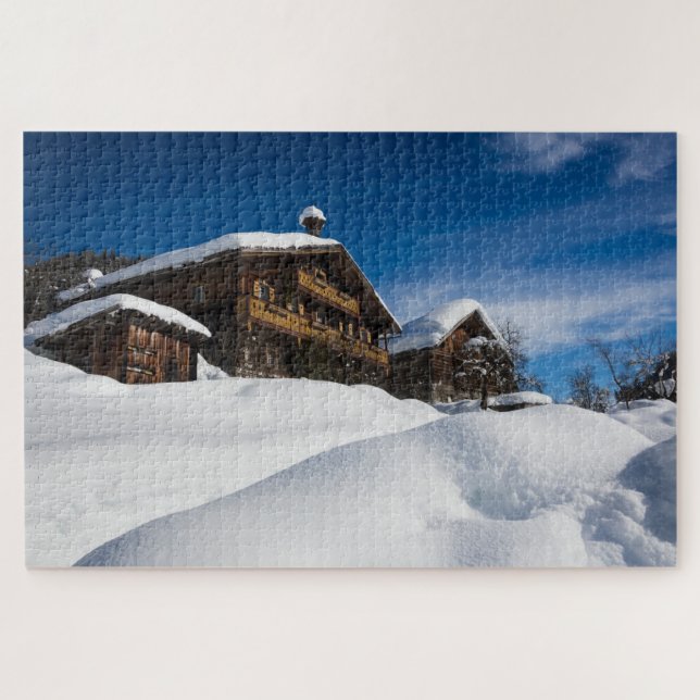 Puzzle Cabinas de madera tradicionales en la nieve (Horizontal)