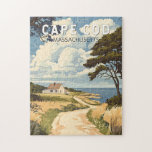 Puzzle Cabo Cod Massachusetts Viajes Arte Vintage<br><div class="desc">Diseño de viaje vectorial retro de Cape Cod en un estilo emblemático. Es el sitio de pueblos pintorescos, cabañas de marisco, faros, estanques y playas de bahía y océano.</div>