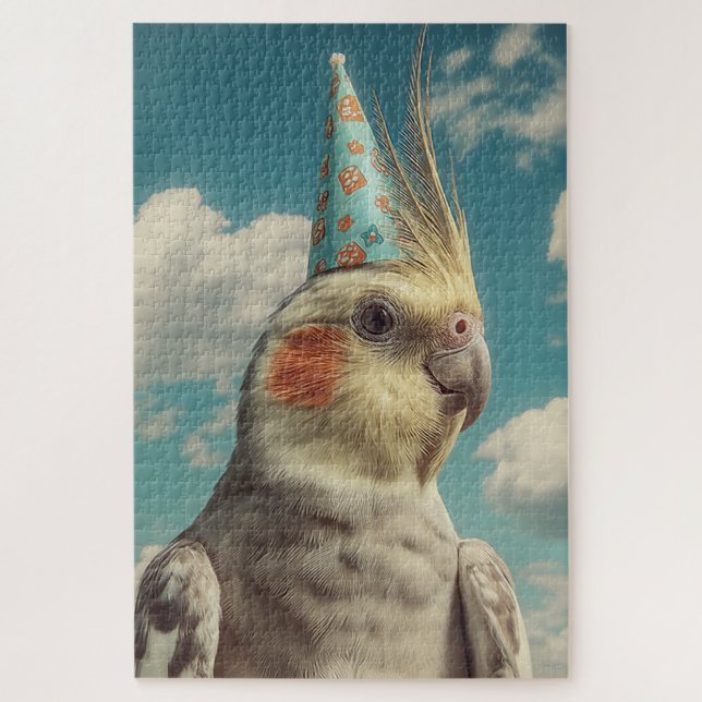 Puzzle Cacatúa con sombrero de cumpleaños contra cielo az (Vertical)
