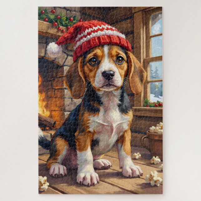 Puzzle Cachorro Beagle Alegre con Gorro de Media Navideño (Vertical)