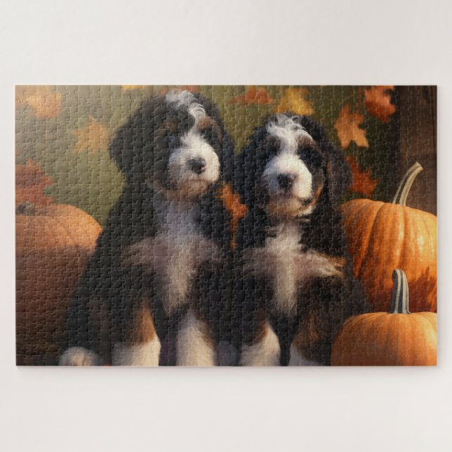 Puzzle Cachorro Bernedoodle Otoño Delicia Calabaza (Horizontal)