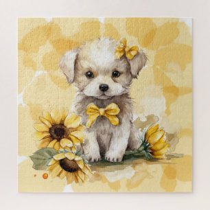 Puzzle Cachorro Blanco Adorable Girasoles Amarillos Acuar