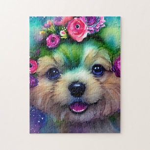 Puzzle Cachorro blanco con flores en la cabeza