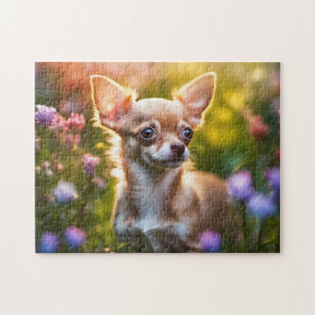 Puzzle Cachorro chihuahua en campo de flores (Horizontal)