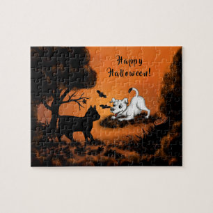 Puzzle Cachorro con gato negro y murciélago, ¡Feliz Hallo