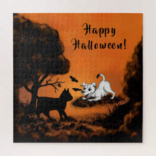 Puzzle Cachorro con gato negro y murciélago, ¡Feliz Hallo