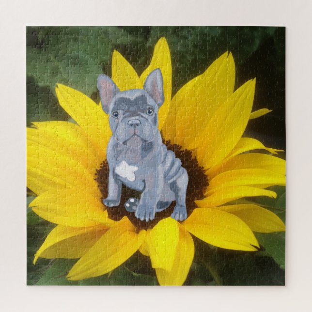 Puzzle Cachorro de Bulldog azul gris francés y girasol (Vertical)