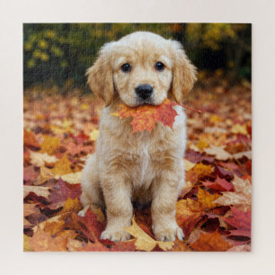 Puzzle Cachorro de Golden Retriever en hojas de otoño