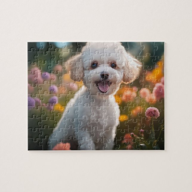 Puzzle Cachorro de juguetes blancos en campo de flores (Horizontal)