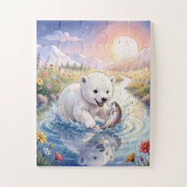 Puzzle Cachorro de Oso Polar Jugando con un Pez