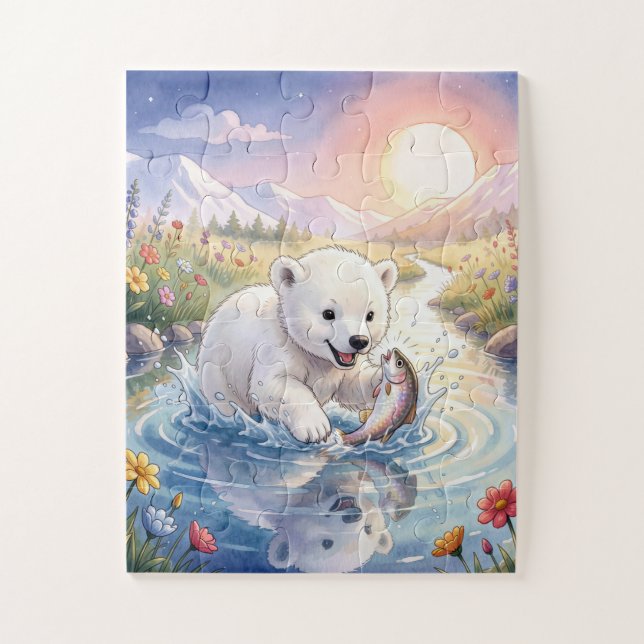 Puzzle Cachorro de Oso Polar Jugando con un Pez (Vertical)
