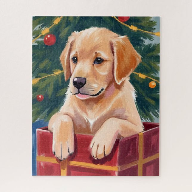 Puzzle Cachorro de regalo Retriever dorado de Navidad (Vertical)