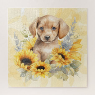 Puzzle Cachorro Marrón Adorable Aquarela de Girasoles Ama