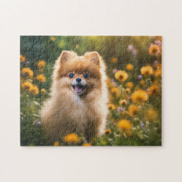 Puzzle Cachorro panomerano en campo de flores