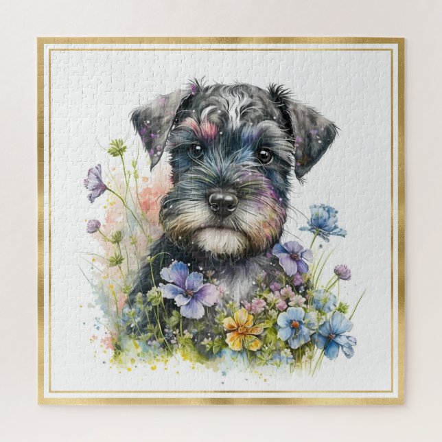 Puzzle Cachorro Schnauzer acuarela con marco dorado (Vertical)