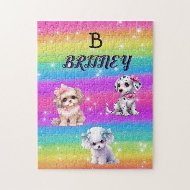 Puzzle Cachorros arcoiris para chicas con nombre personal (Vertical)