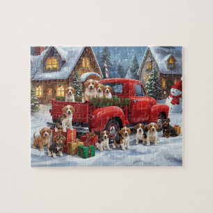 Puzzle Cachorros Beagle Camión Rojo Navidad Escena de Nie