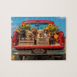 Puzzle Cachorros Camión Rojo Girasoles Cosecha de Otoño
