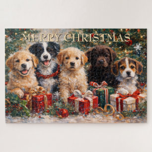 Puzzle Cachorros de Navidad con regalos bajo el árbol dec