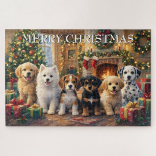 Puzzle Cachorros de Navidad junto a la chimenea y árbol d