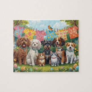 Puzzle Cachorros y gatitos felices en el jardín de primav