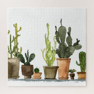 Puzzle Cacti color de agua verde: ollas dibujadas a mano