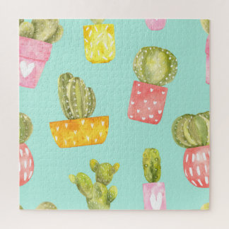 Puzzle Cacti espinoso en ollas, patrón de acuarela.